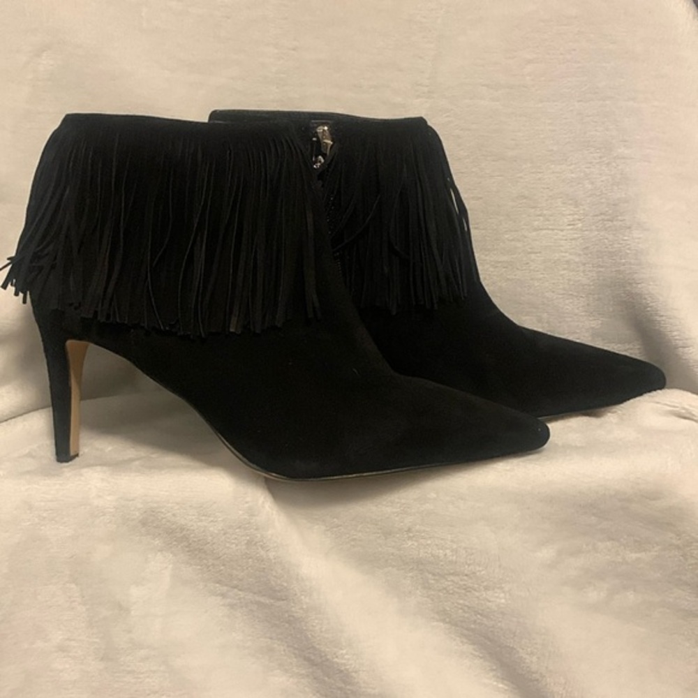 Sam Edelman Kandice Black Suede Pointed Toe Fringed Ankle Booties Boots Size 9.